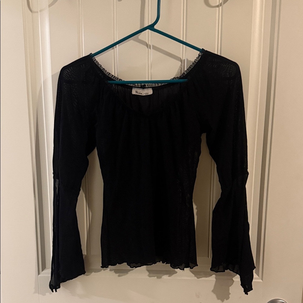 Sheer Black Long Sleeve Top With Belled Split Sleeves and Lace Embellishments